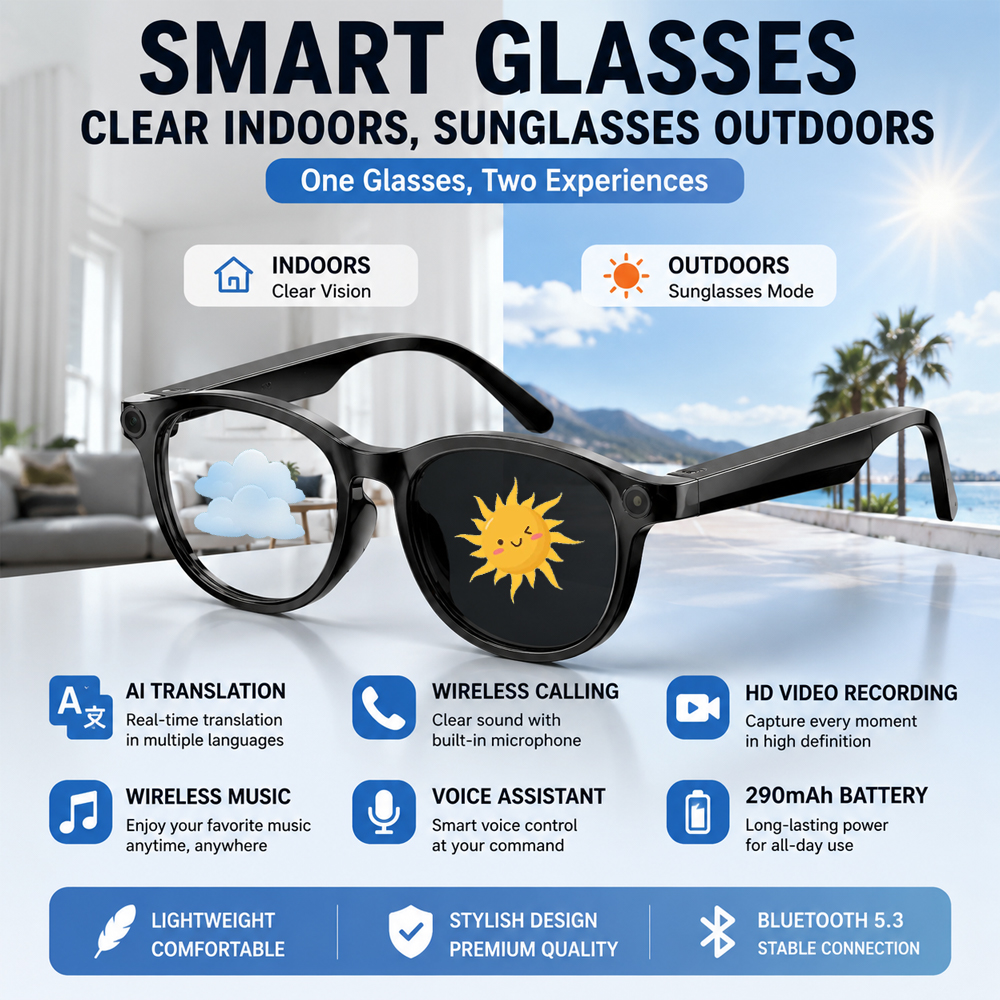 Smart Home Battery Camera - Smart Photochromic Glasses Bluetooth 5.3, AI
